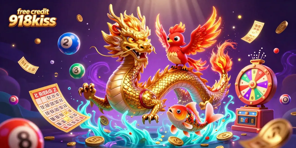 Spin and win with free credit 918kiss, featuring a dragon, phoenix, and koi fish in dynamic casino elements.