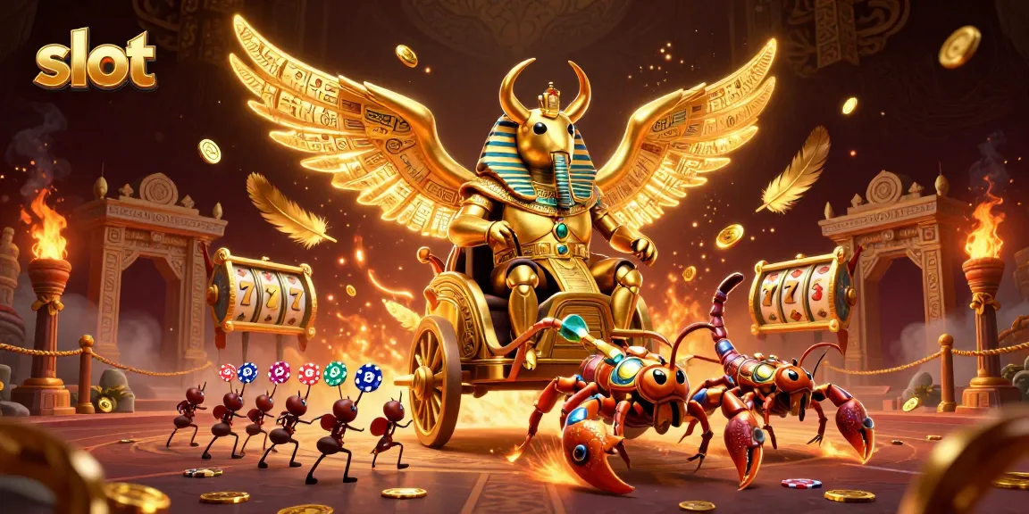 Spin the slots with this dazzling 3D illustration featuring a golden scarab and vibrant gambling elements.