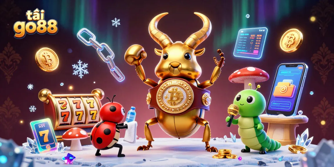 Bet on exciting slots at tải go88 with this vibrant 3D illustration showcasing a golden stag beetle and more.