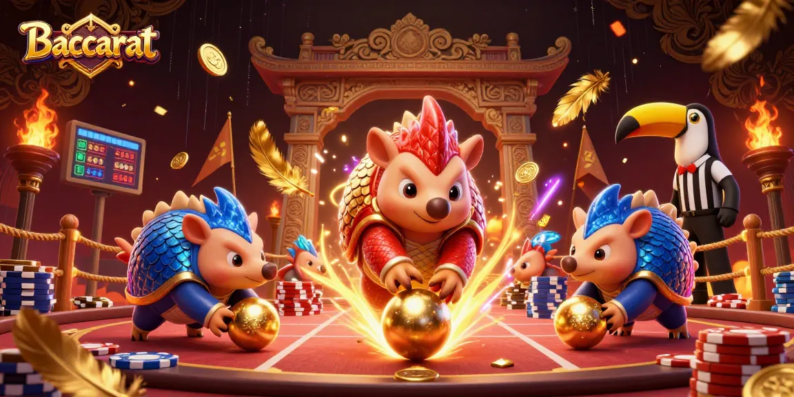 Baccarat showdown between rival pangolins rolling golden balls through poker chips, lively casino atmosphere.
