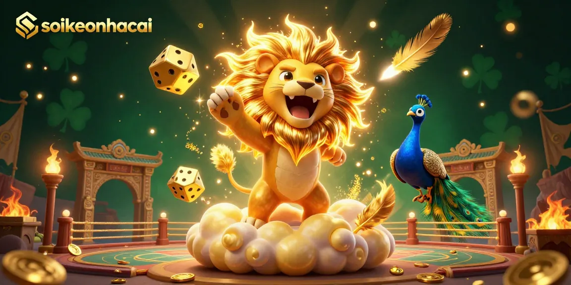 Engage with soikeonhacai's vibrant casino scene featuring a roaring lion, glowing dice, and a lively peacock.