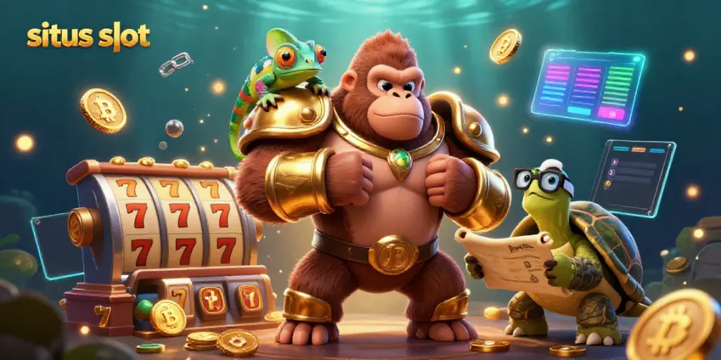Engage with situs slot alongside a gorilla in armor and a colorful chameleon amidst vibrant gaming elements.