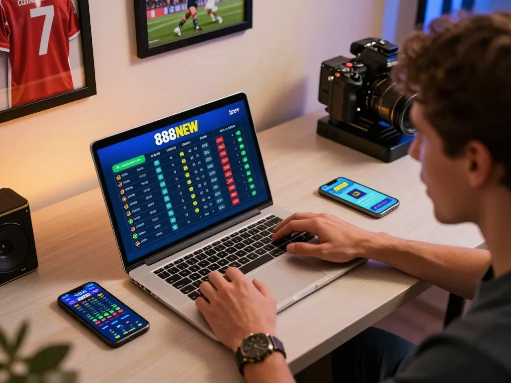 Engaging gamer using 888NEW platform for live sports betting while analyzing odds on laptop.