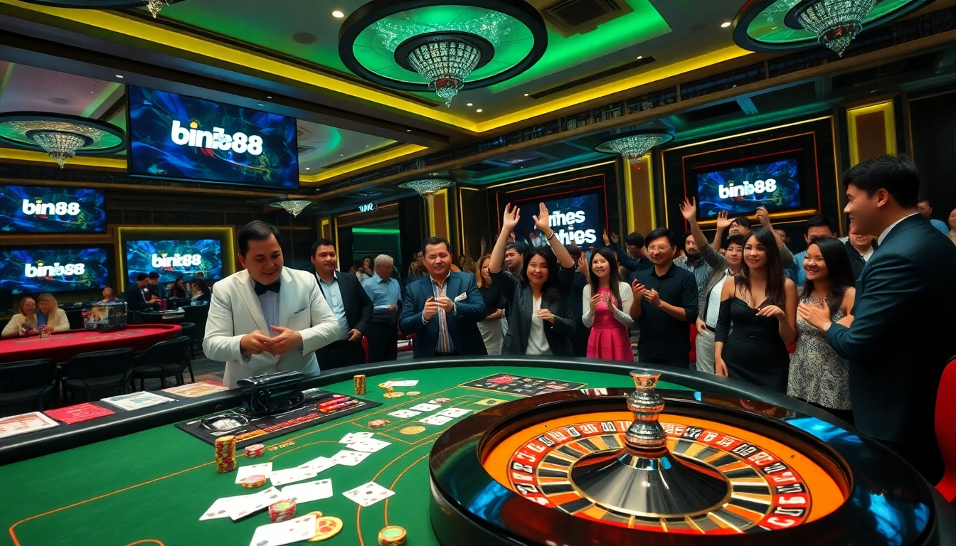 Excited gamblers enjoying a luxury casino experience at Bin88 with vibrant game tables and thrilling wins.