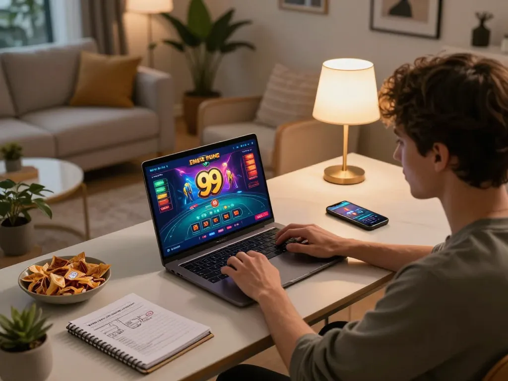 Player engaging with 99win online casino on laptop in a cozy gaming environment.