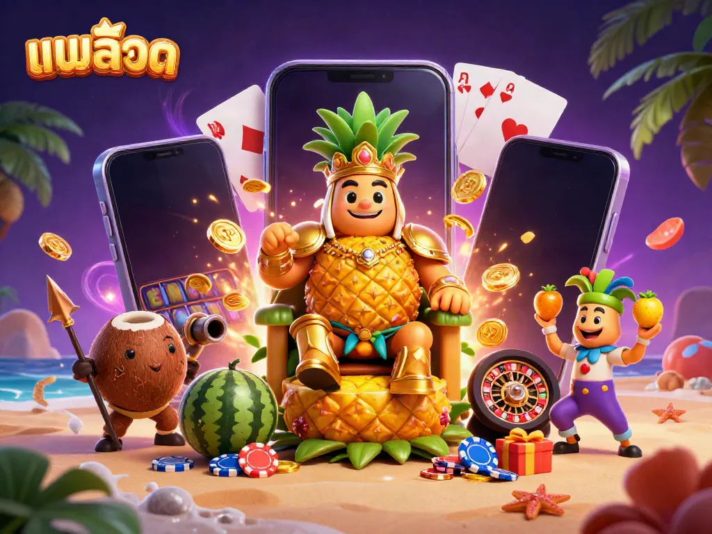 Engage in the world of แบบสล็อต with a vibrant scene of a golden pineapple king, casino games, and festive elements.