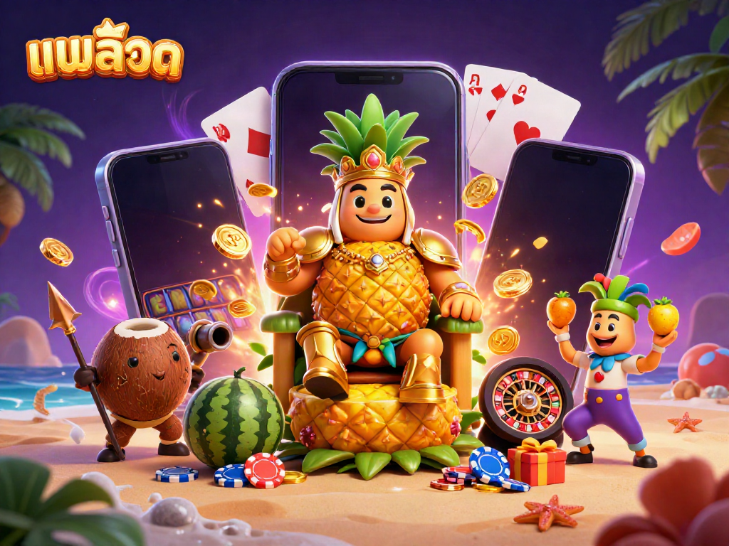Engage in the world of แบบสล็อต with a vibrant scene of a golden pineapple king, casino games, and festive elements.