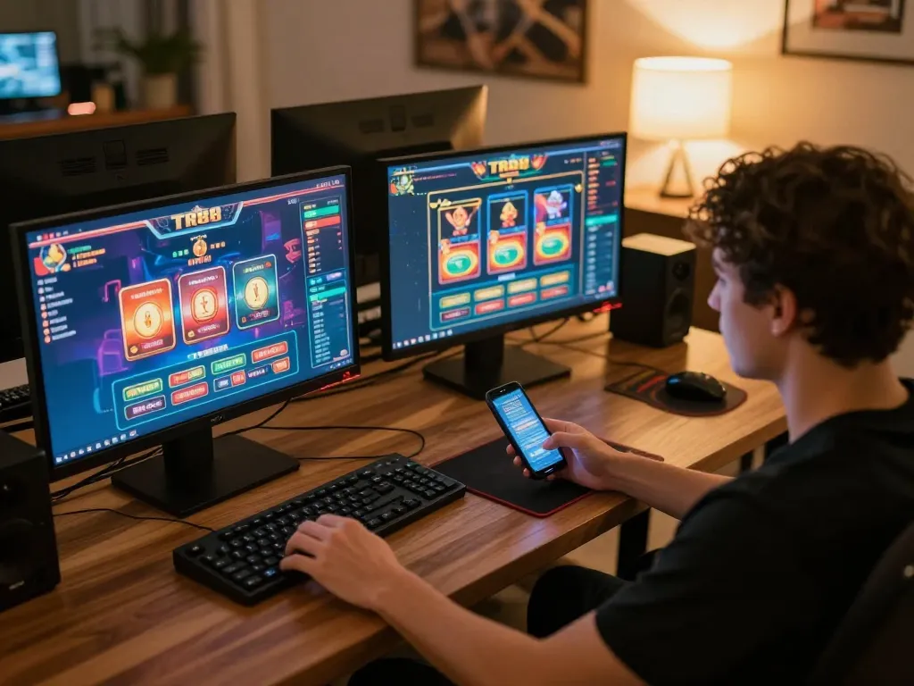 Engaged individual playing TR88 casino games on multiple screens, showcasing a dynamic online gambling experience