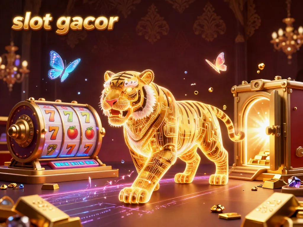 Slot gacor menemukan peluang menang dengan karakter harimau emas cerah dalam suasana kasino.
