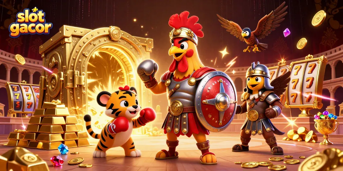 Visualisasi menarik slot gacor dengan karakter unik, berlatar glamor dalam dunia kasino.
