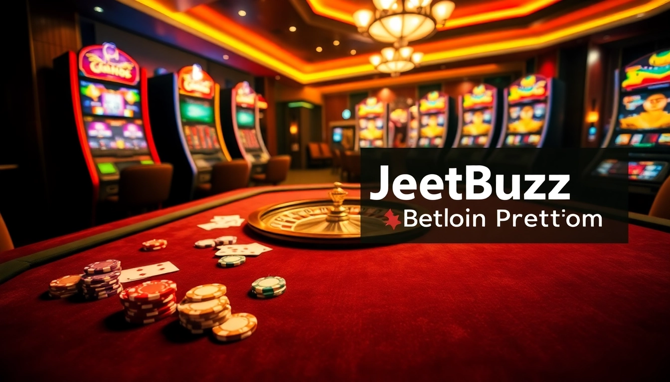 Experience the thrill of gambling at Jeetbuzz with a luxurious casino scene featuring poker chips and a roulette wheel.