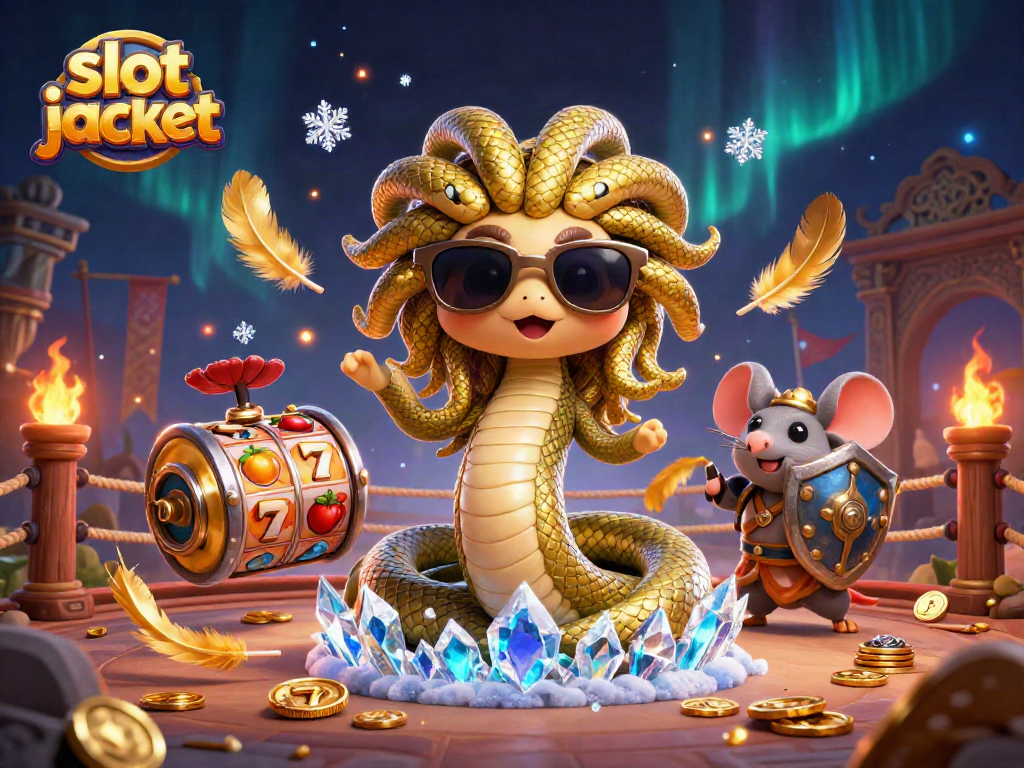Experience the thrilling slot jackpot with Medusa and a warrior mouse in a vibrant 3D illustration.