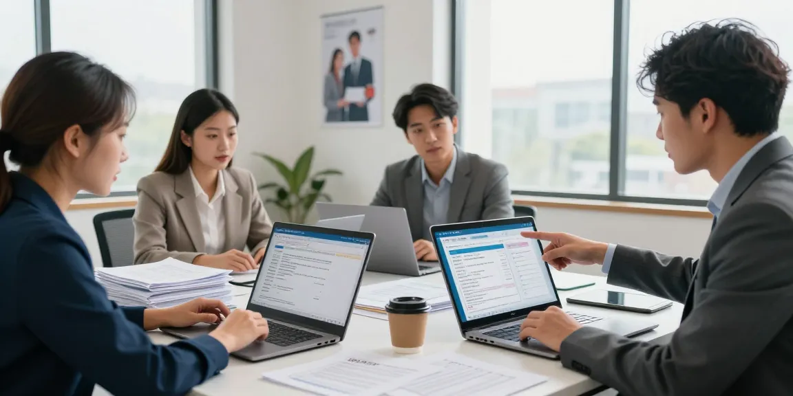 Team collaborating to detect fraud receipt using advanced AI technology in a modern office.