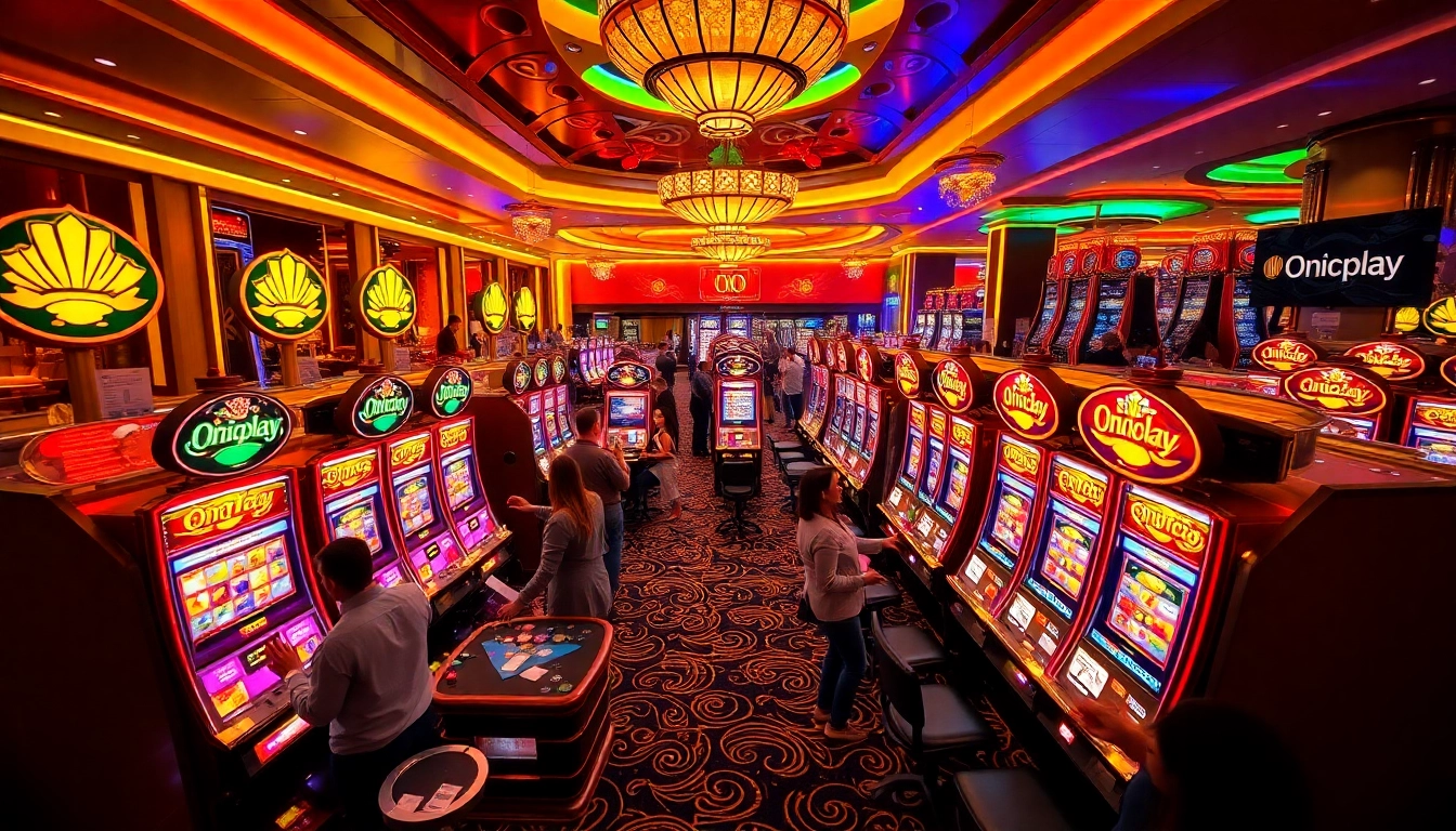 Engaging players enjoying Onicplay slot machines amidst colorful casino excitement and winning vibes.