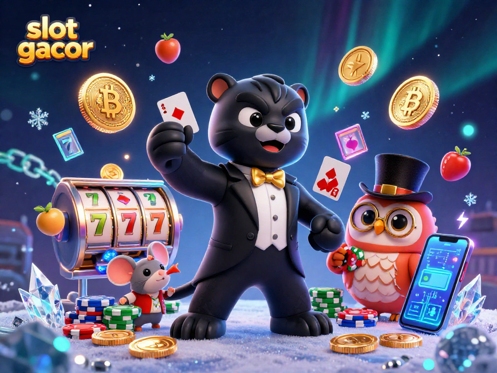 Permainan slot gacor yang menarik dikelilingi oleh karakter 3D, simbol, dan koin crypto.