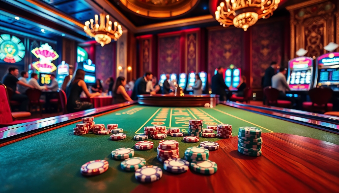 Experience the thrill of gaming at Jogoluck with an upscale casino scene featuring a poker table and roulette wheel.