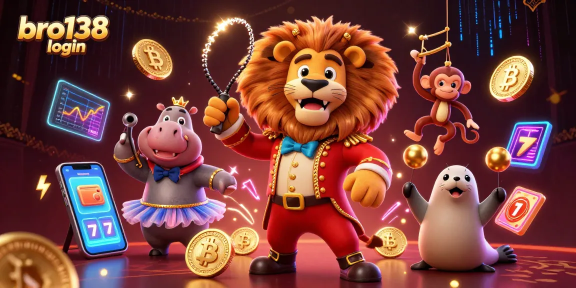 Engage in the vibrant world of bro138 login with this captivating casino scene, featuring playful characters and crypto elements.