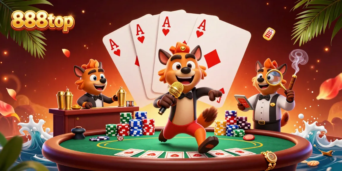 Experience thrilling action at 888top casino with lively hyena characters and poker elements.