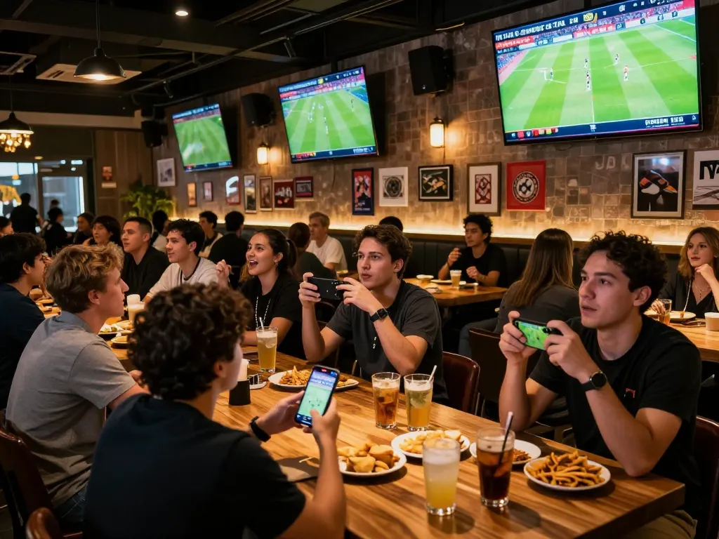 Engaged fans checking tỷ lệ cá cược bóng đá hôm nay at a lively sports bar during a live match