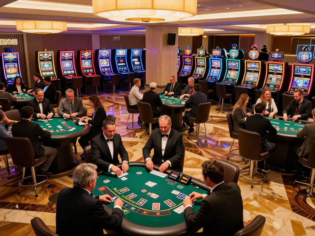 Players engage with Go8 blackjack tables in a modern casino filled with vibrant excitement