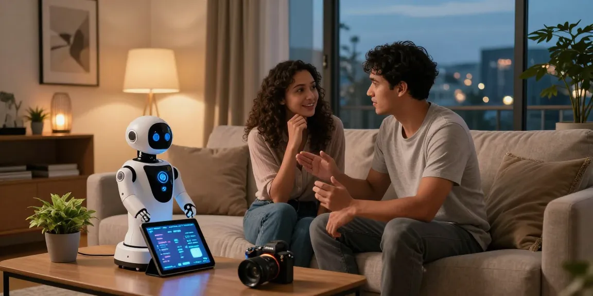 Couple exploring connection with a sex bot in a modern living room.