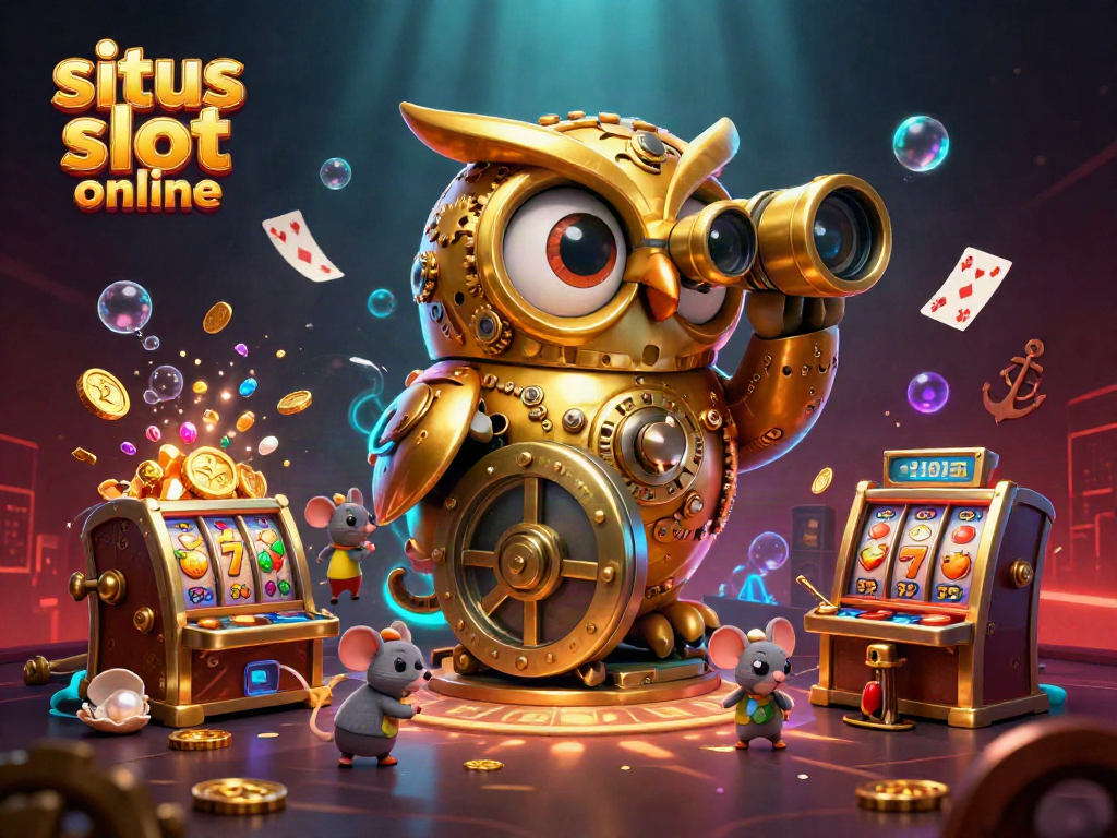 Situs slot online dengan papan permainan mengelilingi karakter burung hantu mekanis yang berkilau dan koin emas