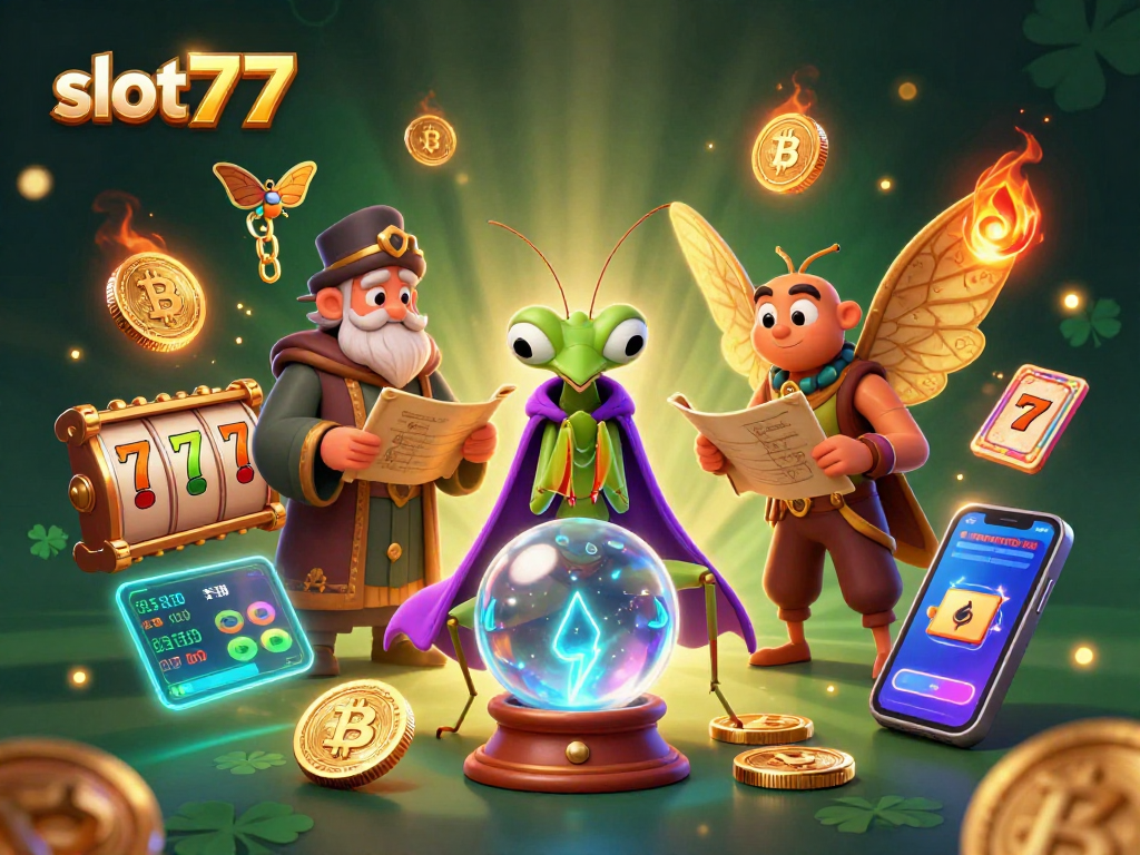 Experience slot777 magic with a 3D mantis fortune teller and slot reels in a mystical setting.