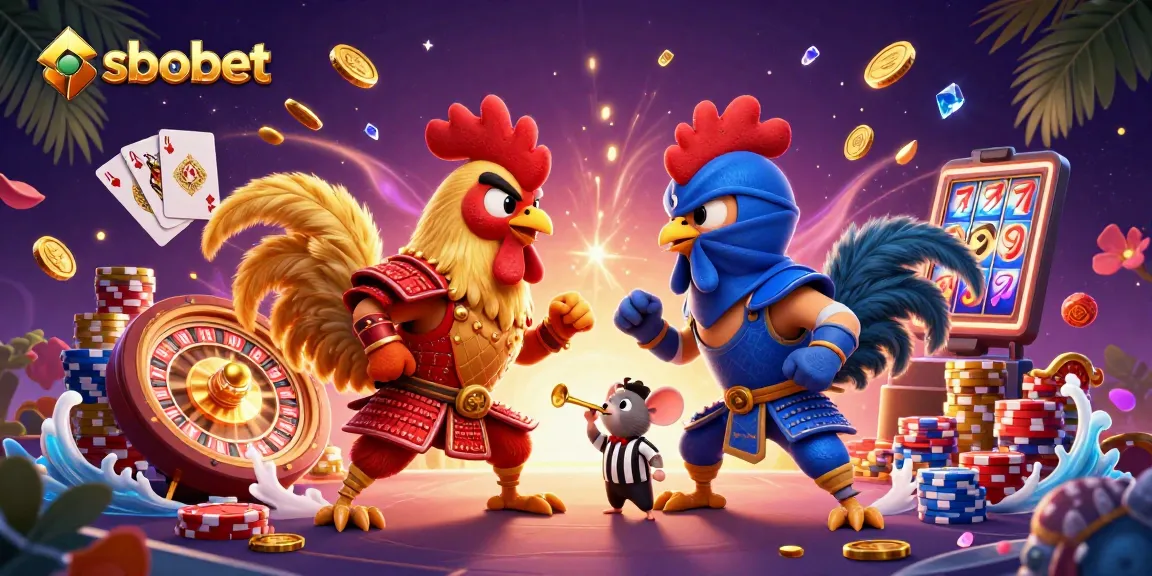 Experience the thrill of sbobet with fighting roosters in a dynamic casino scene.