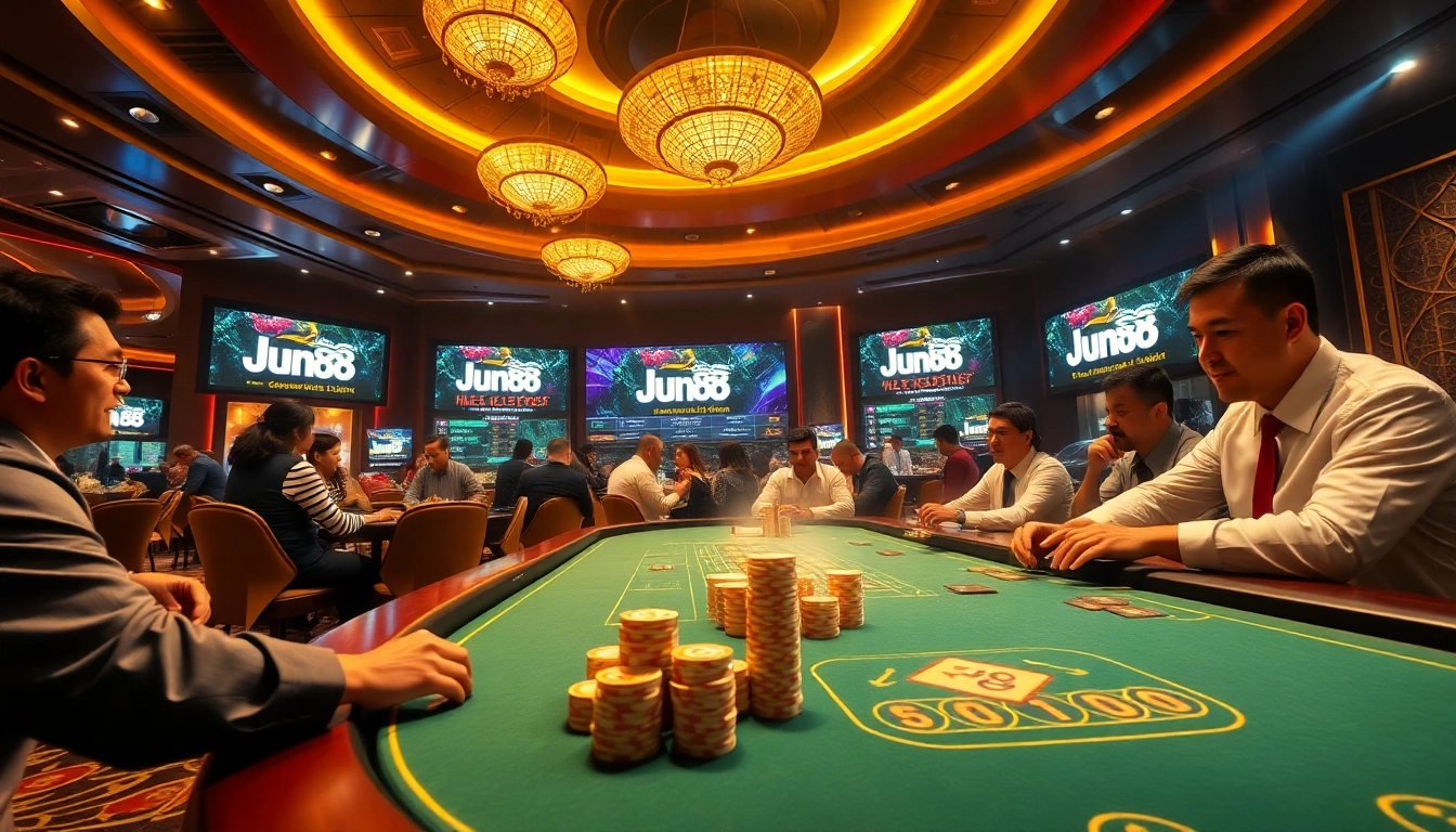 Exciting casino atmosphere at Jun88 with players enjoying poker and roulette games.