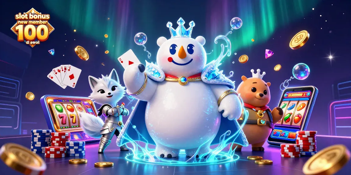 Spin to win with the slot bonus new member 100 di awal, showcasing a vibrant 3D casino scene.
