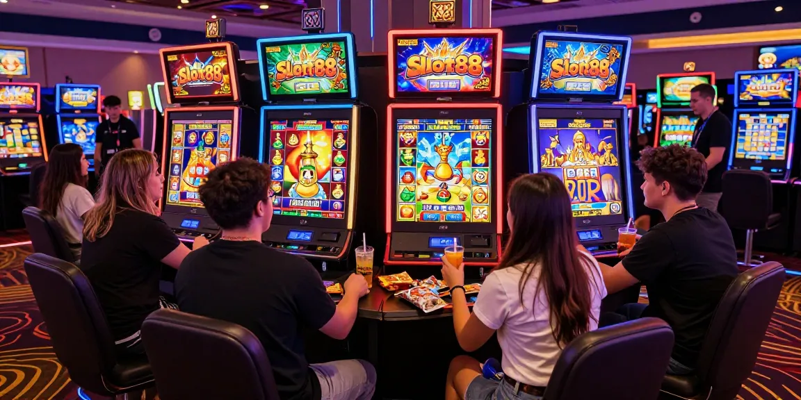 Friends enjoying gaming excitement at a vibrant casino with slot88 apk machines.