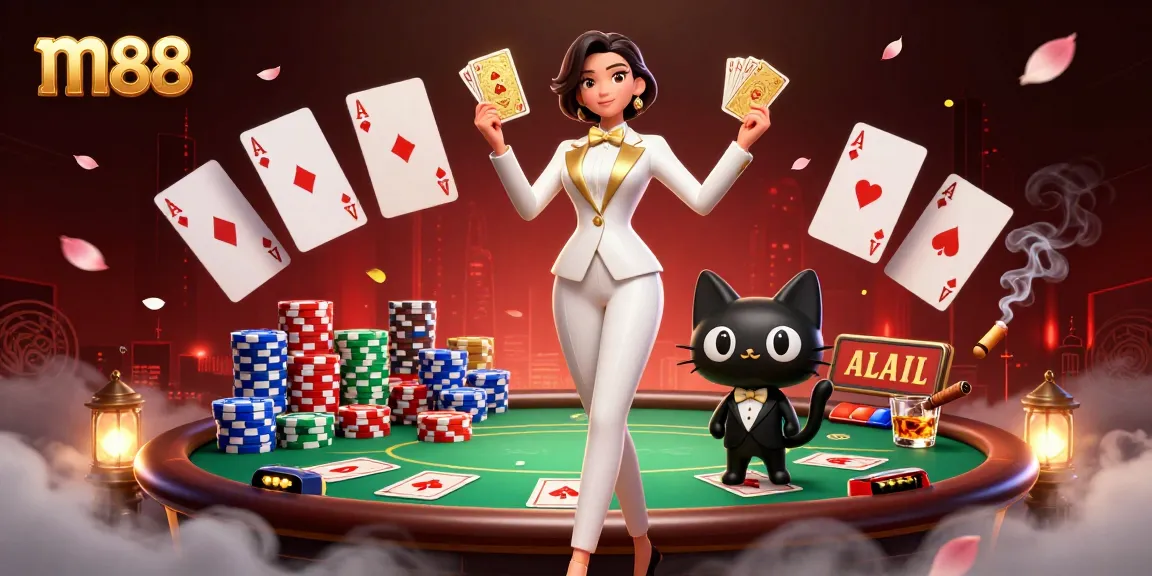 m88 showcases an exciting poker scene with a glamorous croupier shuffling cards and colorful poker chips.