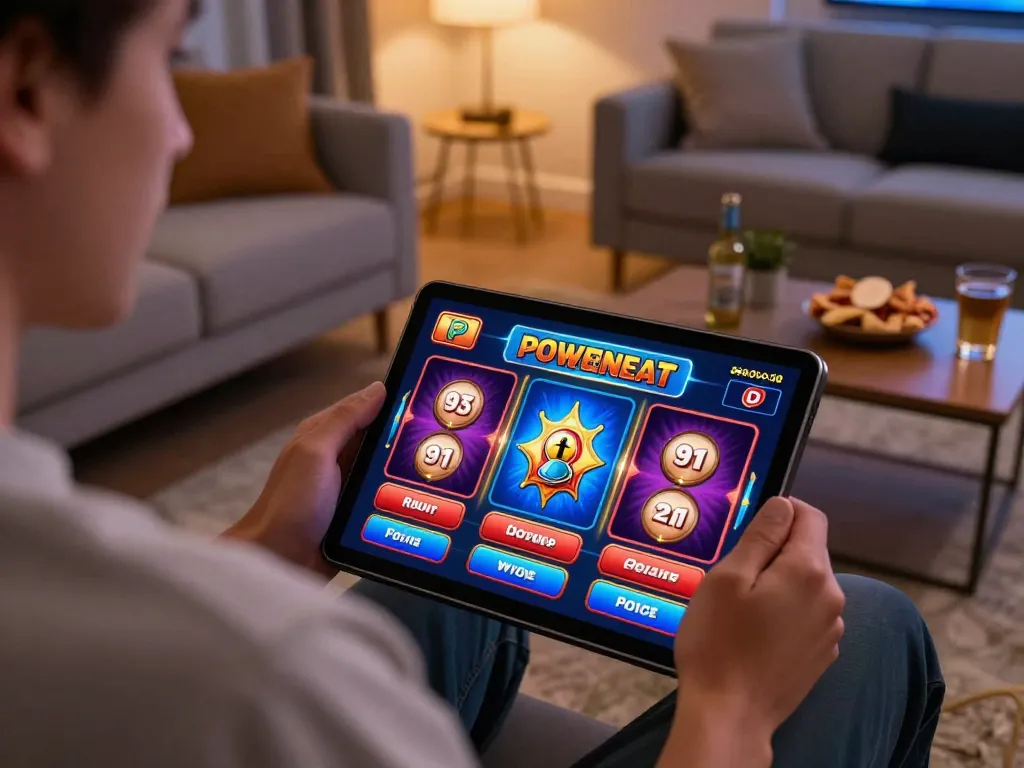 Playing powernet slot game on a tablet in a cozy home setting, showcasing an engaging online gambling experience