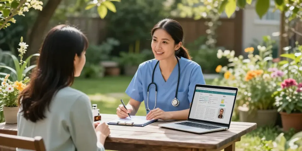 Patient discussing PA MMJ card online options with a healthcare professional in a serene outdoor garden.
