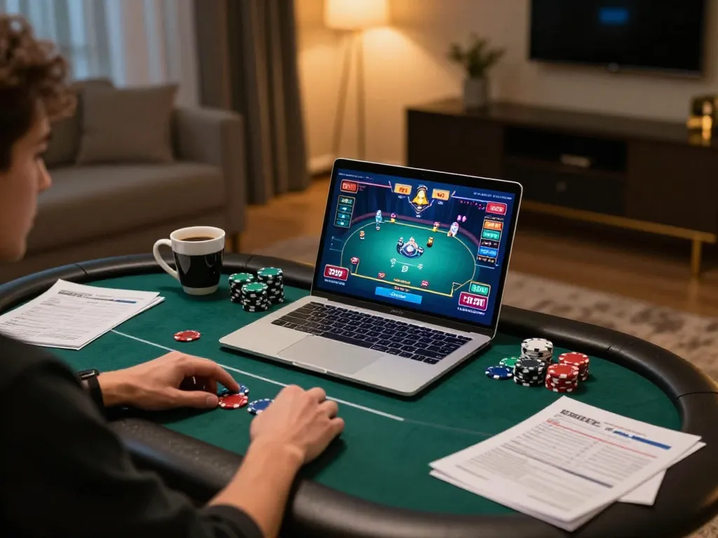 Engaging in online poker gaming at ATQ with stylish setup and warm lighting.