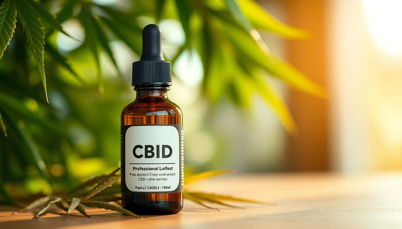 Showcase of CBD oil bottle with natural elements conveying wellness and tranquility.