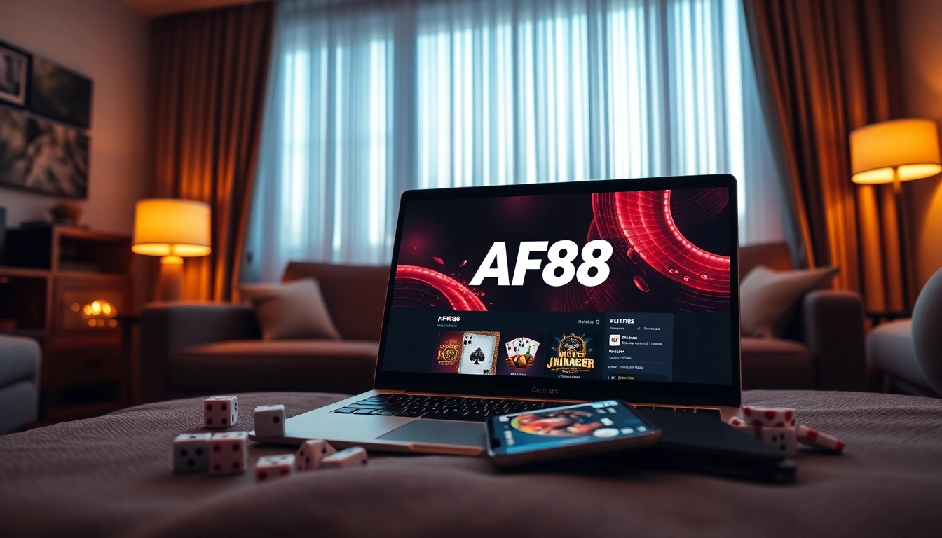 Engaging scene illustrating AF88 online gambling platform with vibrant gaming elements.