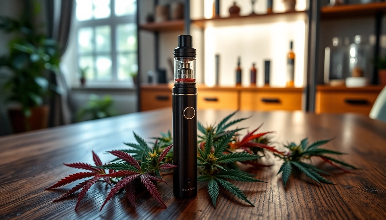 Showcasing a cannabis vape pen with colorful leaves, representing quality cannabis vape.