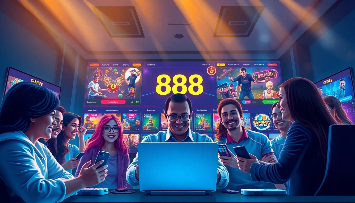 Exciting gaming experience at 888new showcasing diverse players and modern digital interface.