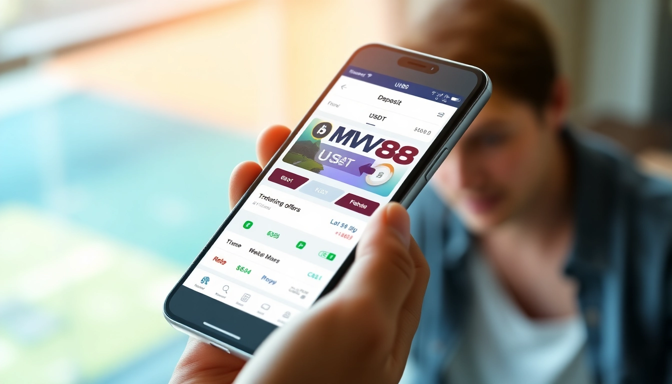 MV88 app interface showcasing secure USDT transactions and promotions.