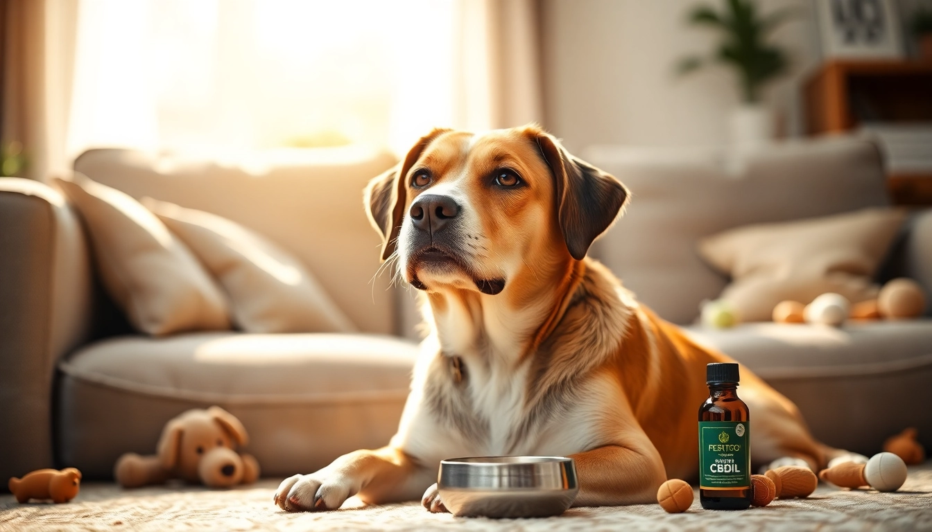Engaging dog embodying relaxation with CBD For Pet oil nearby in a cozy ambiance.