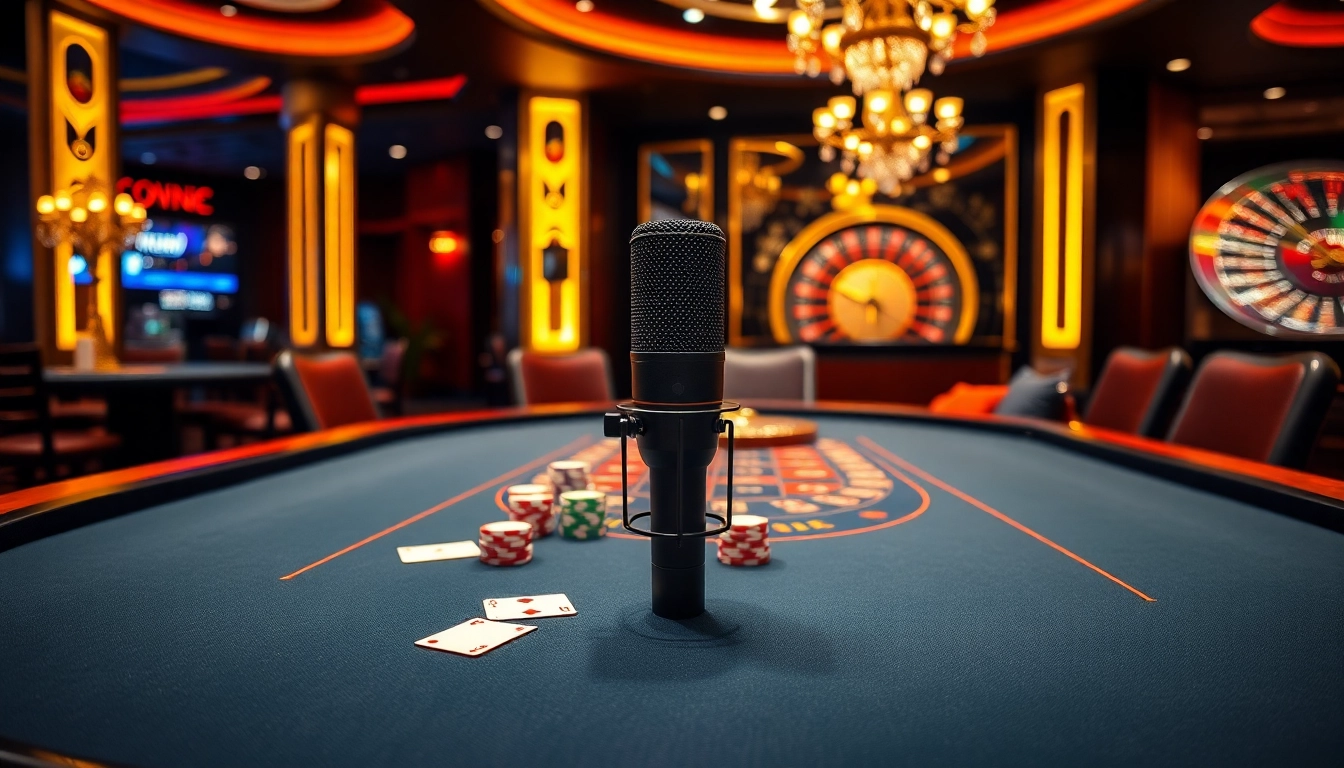 Capture the excitement of a luxurious casino scene featuring the MV88 microphone and vibrant gaming elements.