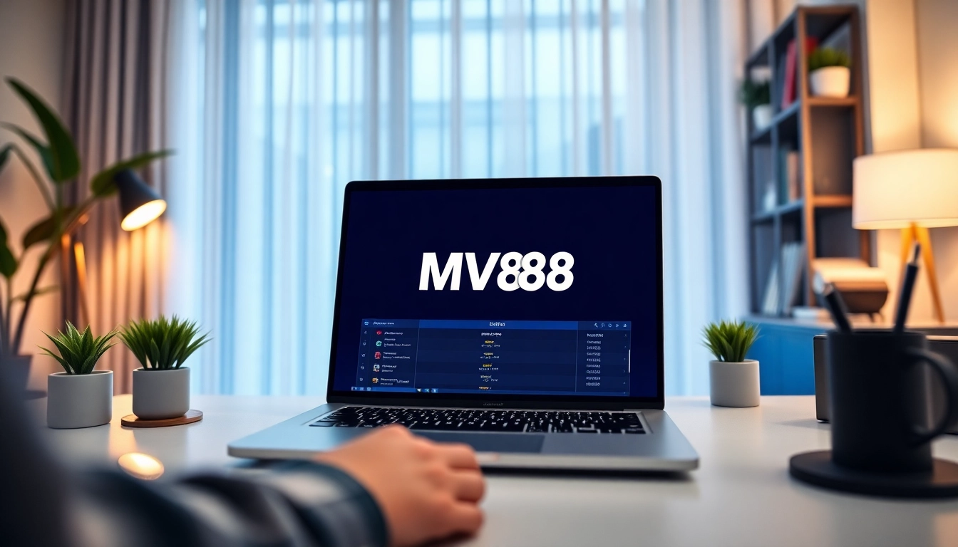 Engaging home office scene featuring MV88 betting platform on a laptop.