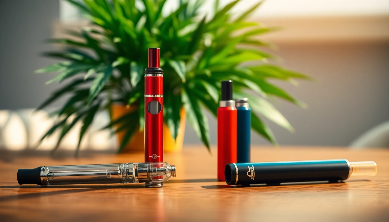 Showcase cannabis vape pen with colorful cartridges on a wooden table.