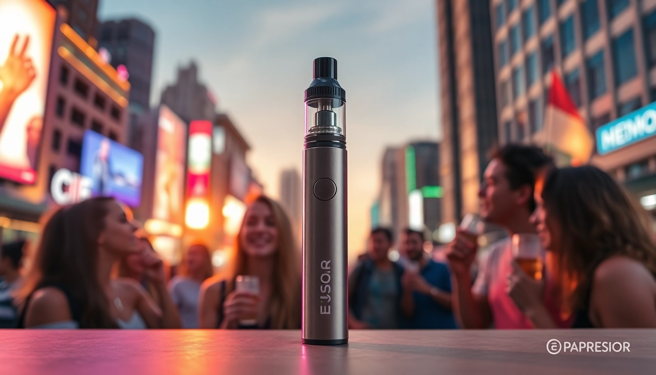 Explore the Elf Bar 25000 Combo disposable vape showcased in an urban sunset setting.