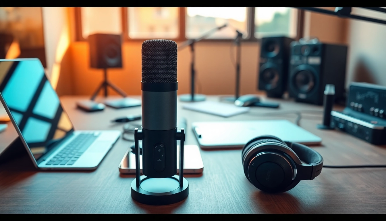 MV88 digital microphone on a recording desk with an iPhone, showcasing professional audio quality.
