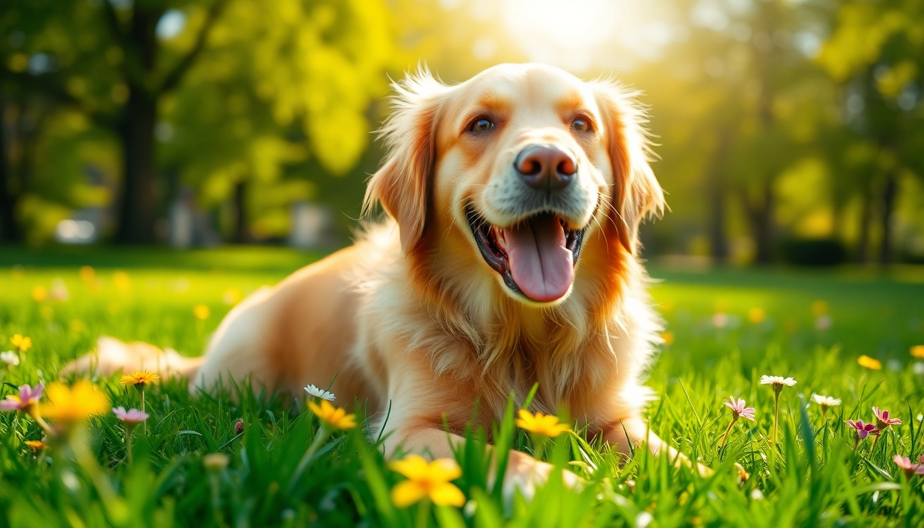 Happy golden retriever enjoying CBD For Pet benefits in a sunny park.