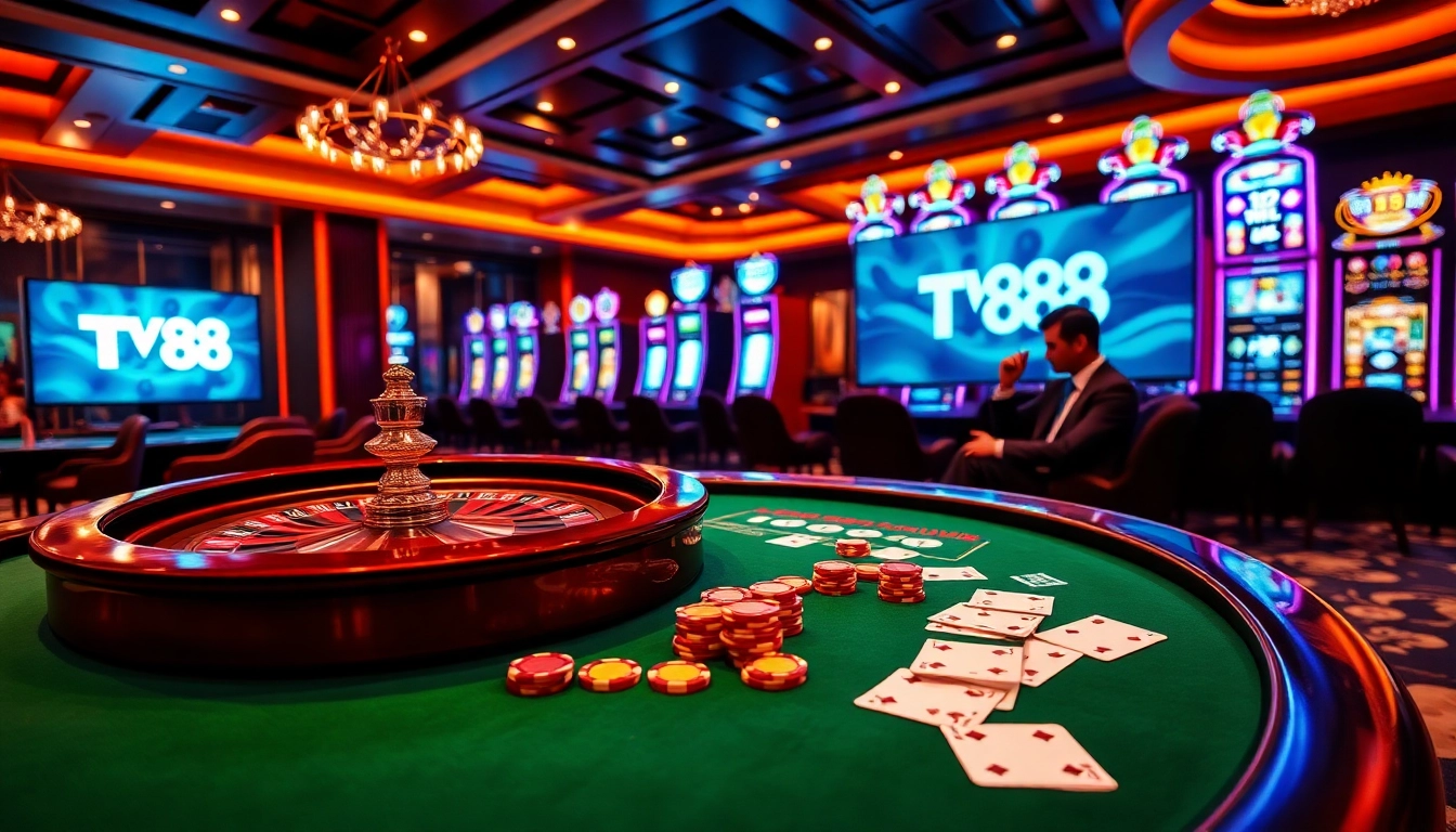 Experience the thrilling gaming atmosphere at TV88 with vibrant poker chips and roulette wheels.