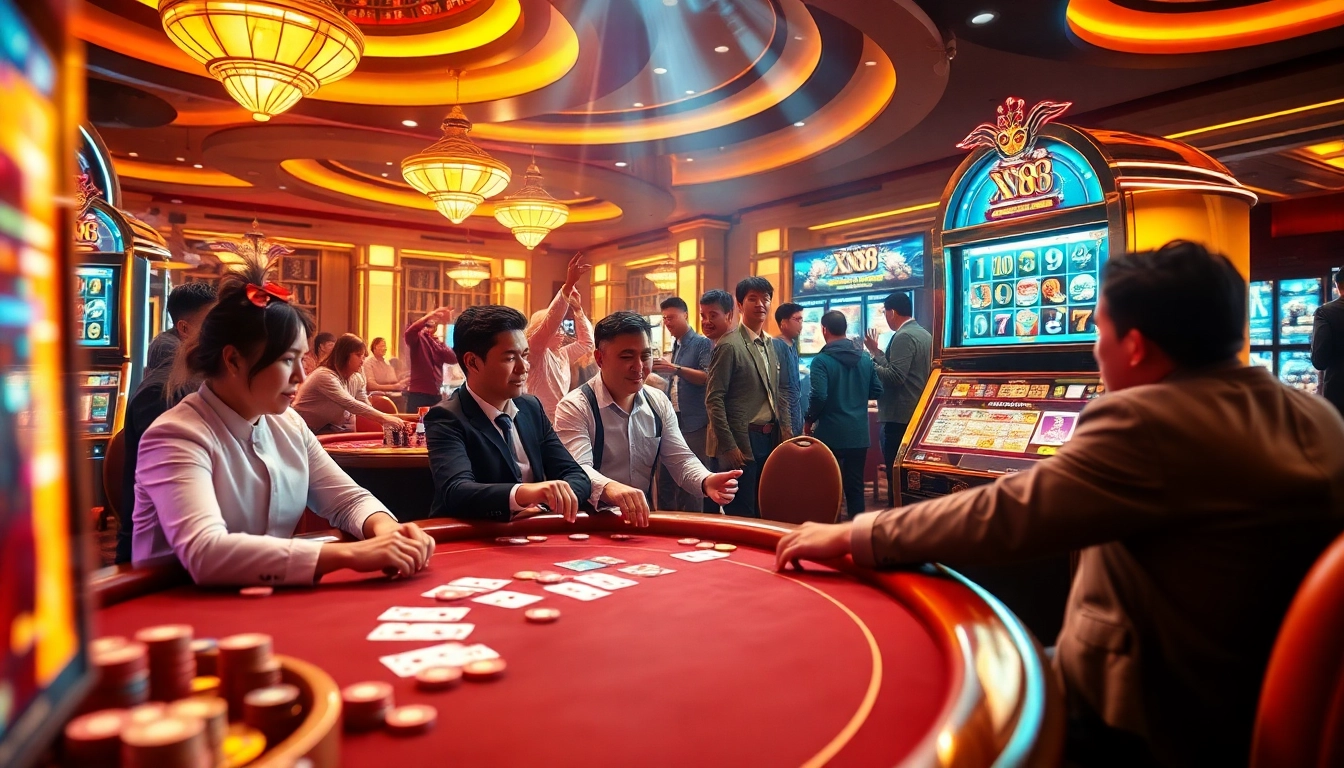 Players enjoying a thrilling poker game at XN88 casino, surrounded by vibrant slot machines and lively atmosphere.