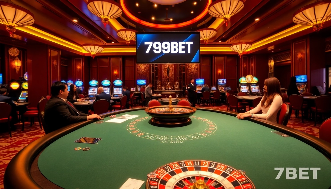 Players enjoying a thrilling poker game at 789BET with vibrant casino elements around.
